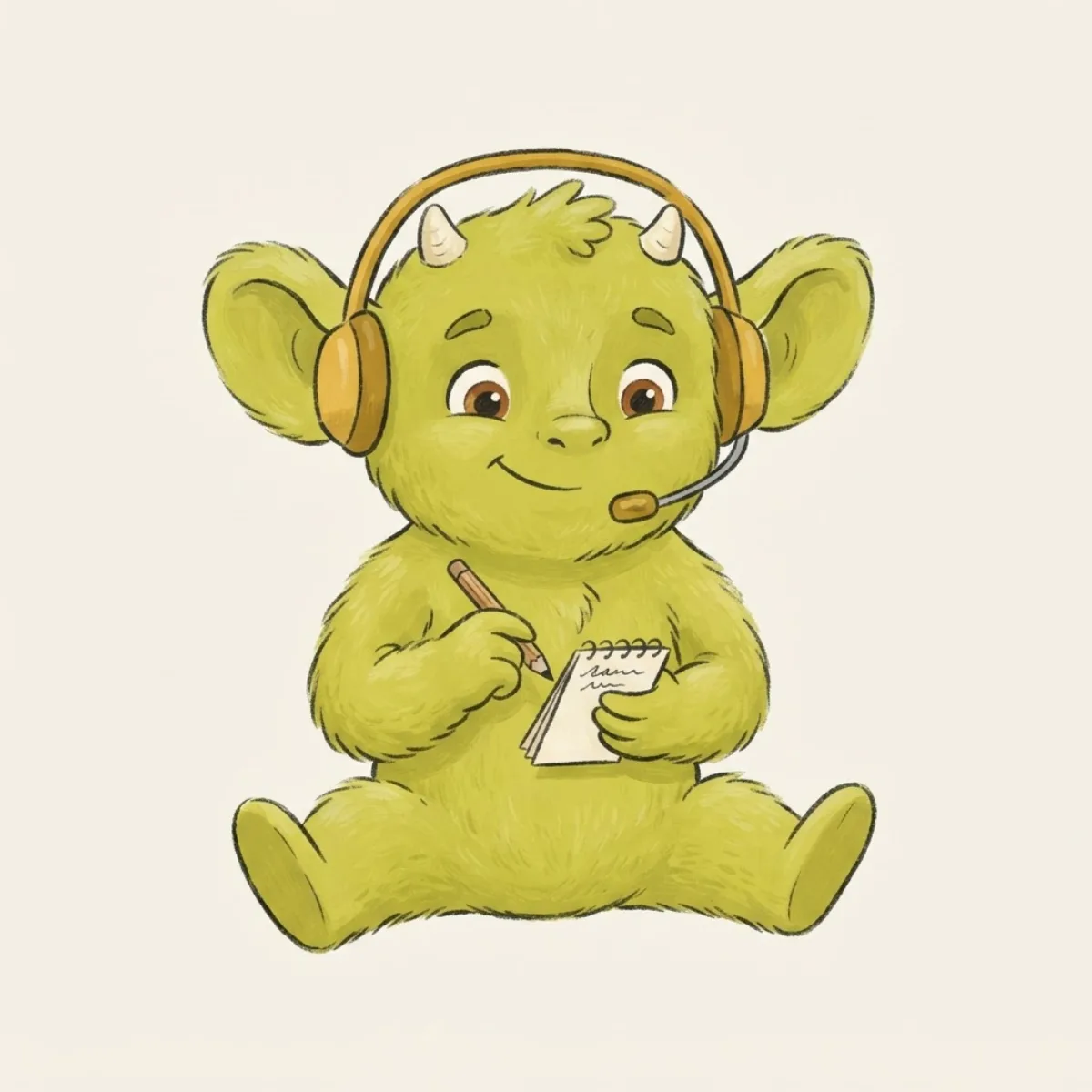 A cheerful green gremlin wearing a headset and taking notes