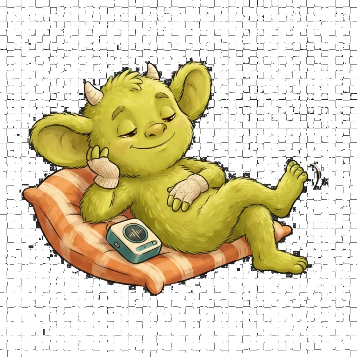 A relaxed gremlin happily listening to hold music