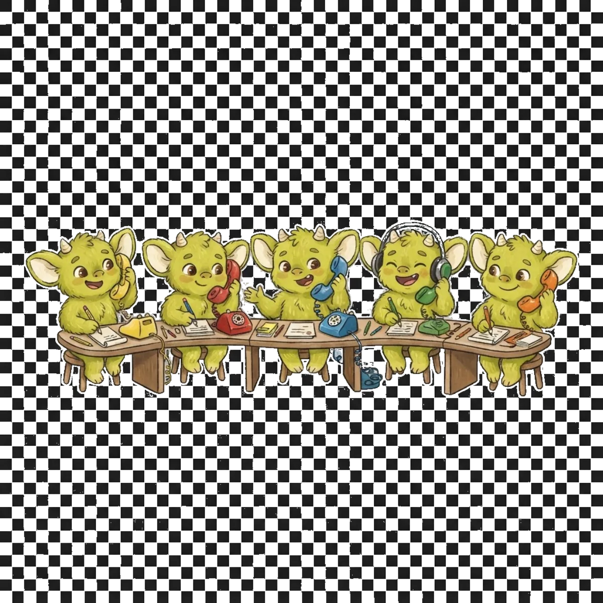 Five friendly gremlins making calls together